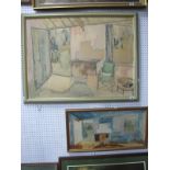 A Mid XX Century Room Interior Scene, watercolour on panel in pastel colours, 59.5 x 80cm;