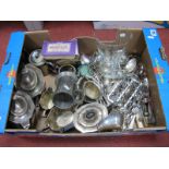 Assorted Plated Teaware, glass vase, cutlery, pewter mug, toast racks, etc:- One Box