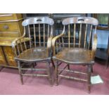 A Pair of Ash and Elm Spindle Back Office Armchairs, circa 1920's, each with pierced hand inset to