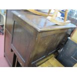 An Oak Blanket Box, with three panelled fascia, 94cm wide; a three tier trolley. (2)