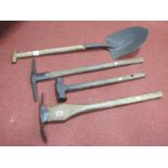 Mining Tools. Sheffield Made Pick Axe, 81cm long, Shovel, Hammer featuring owners initials and one