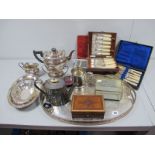 Cased Fish Knives and Forks, plated three piece tea set, oval plated tray, mug, coins, etc.