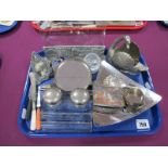 Photograph Frame, clear glass twin inkwell, caddy spoons, hand beaten dish, pair of glass salts,
