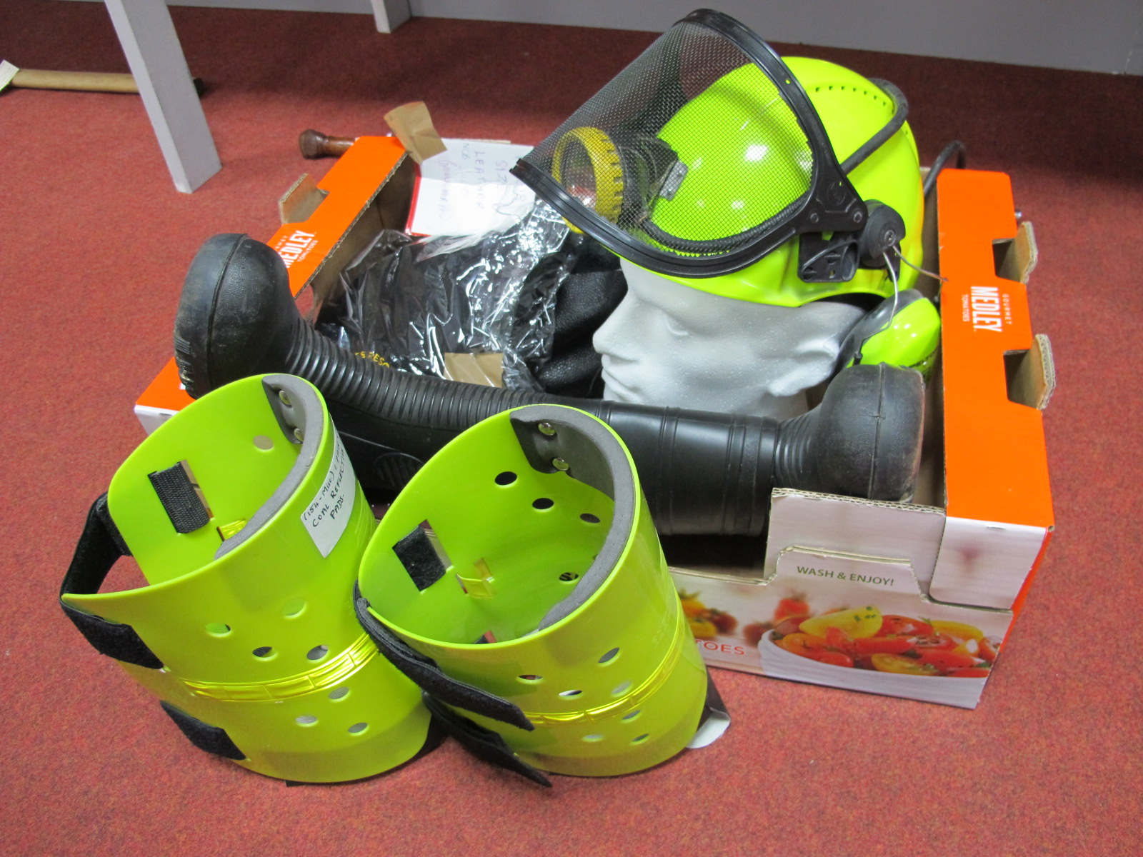 Luminous Green Mining Helmet and Peltor Ear Protectors, E.S. Shinpads, British Coal 'Suretred'