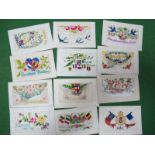 Thirteen WWI Silk Postcards, some with insert flaps with original cards, embroidered with flags of