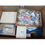 A Carton of Stamps, in small tins and boxes, all World including G.B, many thousands to sort.