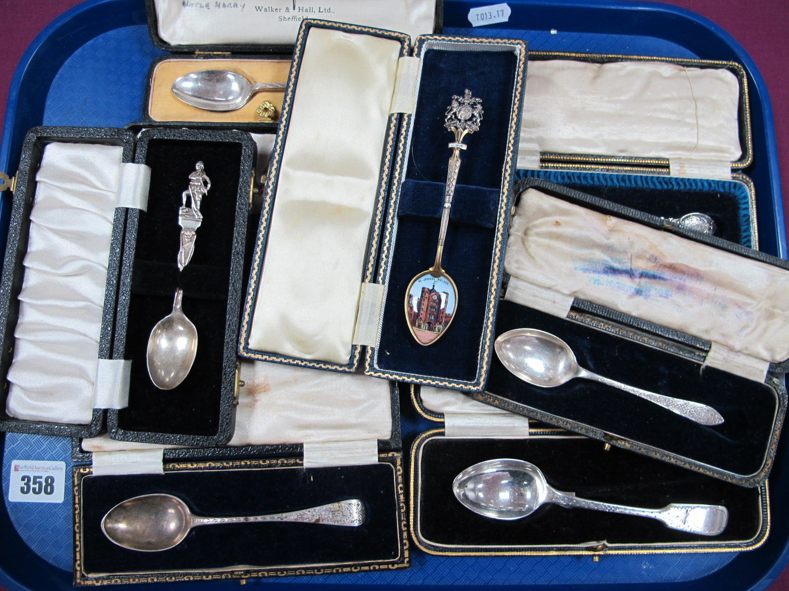 Seven Assorted Hallmarked Silver Spoons, (various makers and dates) in associated cases, together