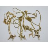 A 9ct Gold Fine Chain, suspending dog pendant, another 9ct gold fine chain, suspending a dog