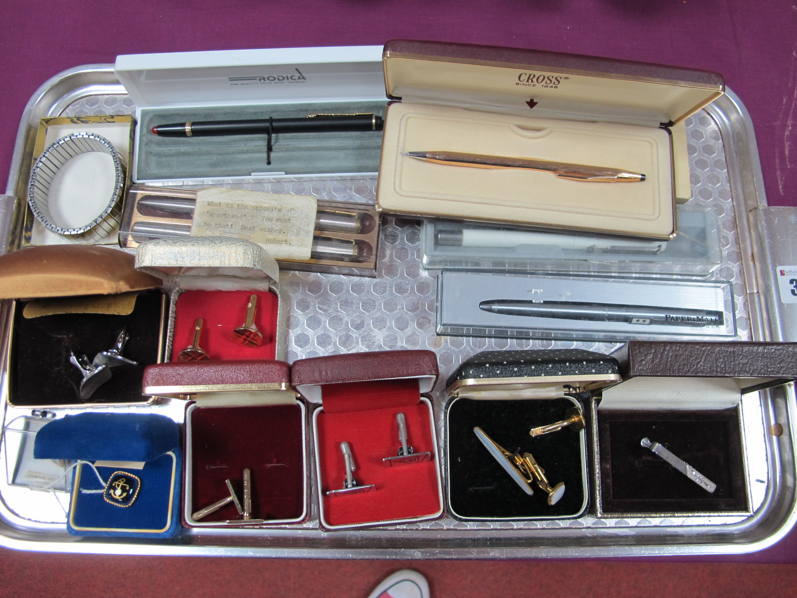 Assorted Vintage Gents Cufflinks, Parker, Cross and other pens:- One Tray