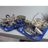 A Mappin & Webb Plated Three Piece Tea Set, a plated swing handled dish, set of goblets, a toast