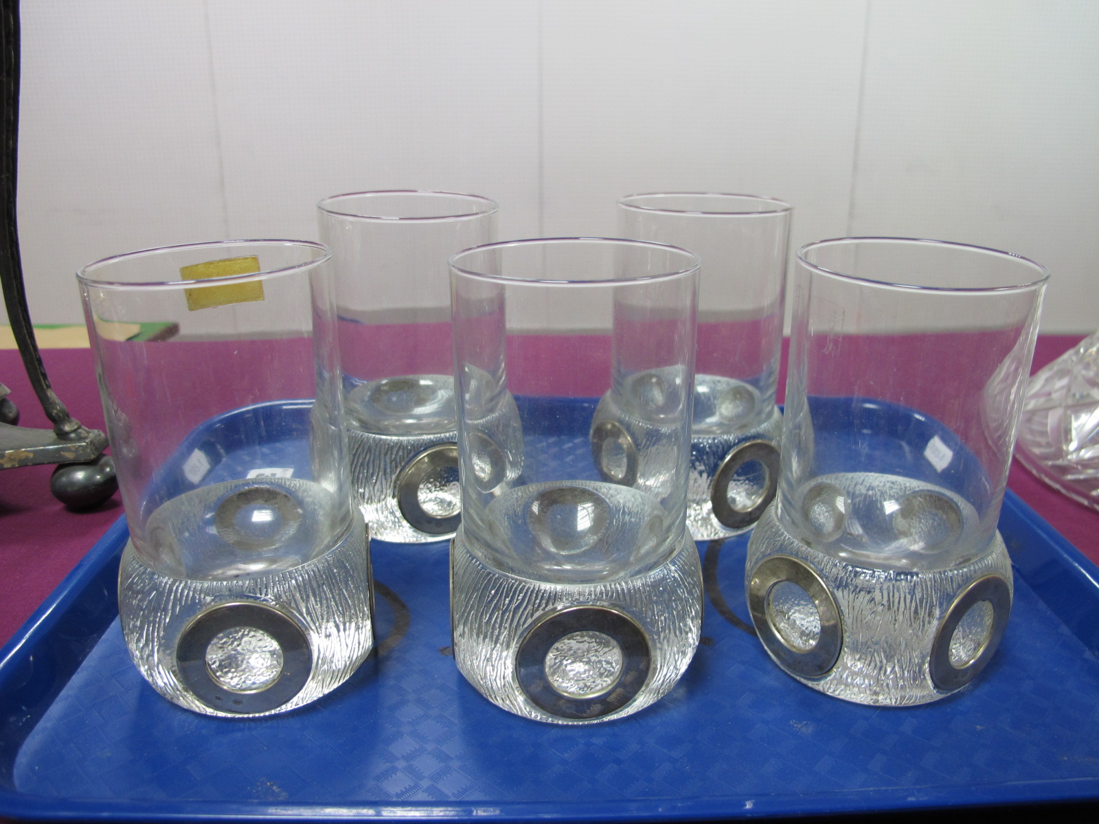 A Set of Five Bleikristall Modernist Style Glass Tumblers, each textured base with four applied