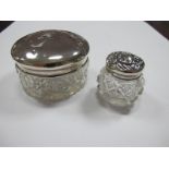 A Chester Hallmarked Silver Lidded Cut Glass Tinket Pot, (marks rubbed), (dents/damage); together