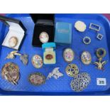 A Collection of Assorted Costume Brooches, including oval shell carved cameo, Limoges ceramic panel,