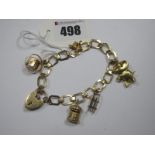 A Geometric Openwork Bracelet, to 9ct gold hart shape padlock clasp, suspending five assorted
