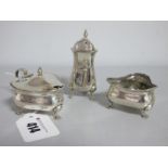 A Matched Hallmarked Silver Three Piece Cruet Set, each of triangular form, Birmingham 1911, 1912.