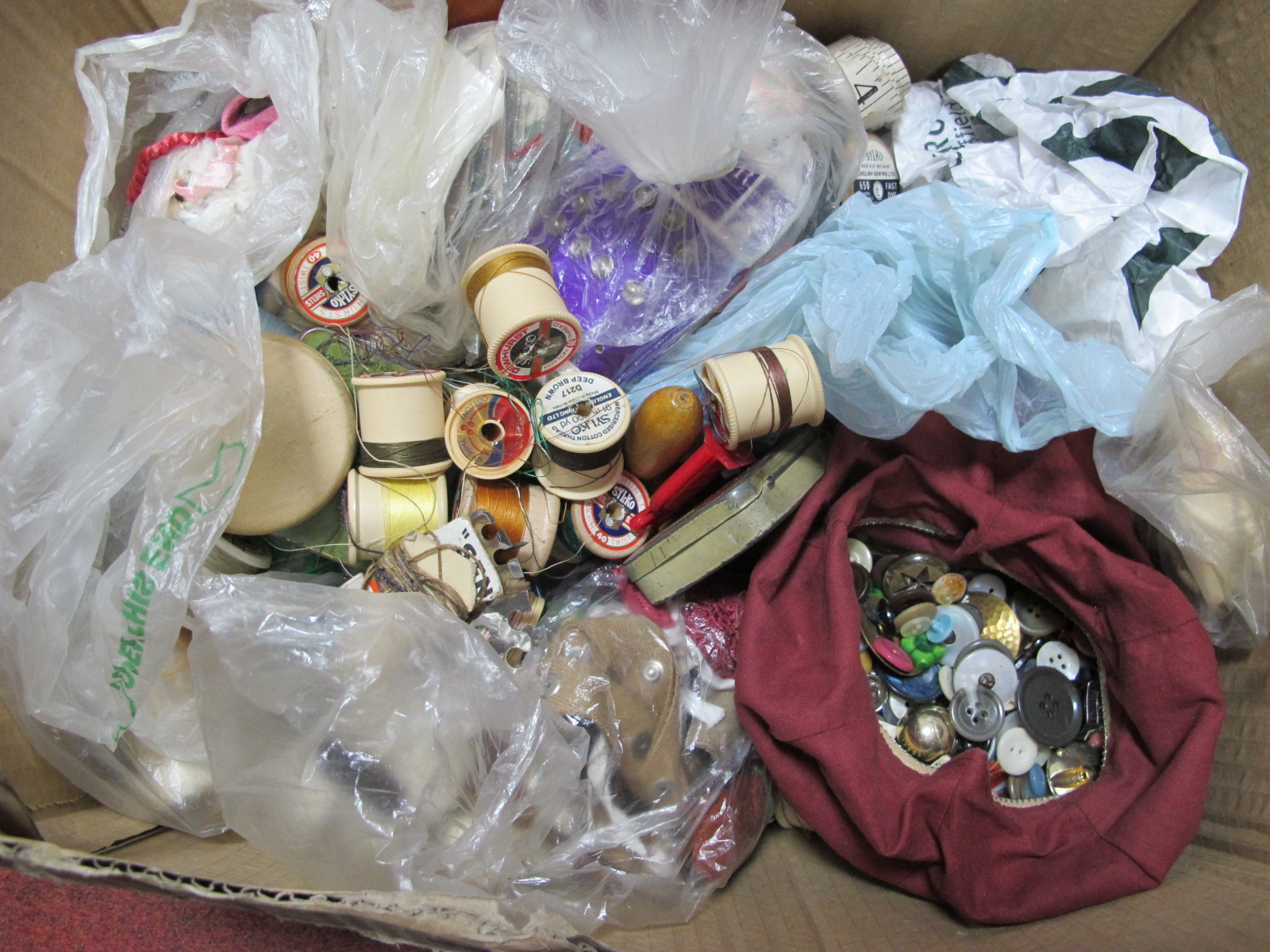 Buttons, Cottons, Rug Maker, other sewing items:- One Box