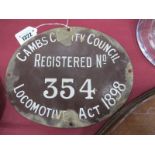 Railwayana; An Oval Enamel License Plate, issued under The Locomotive Act of 1898 by The County