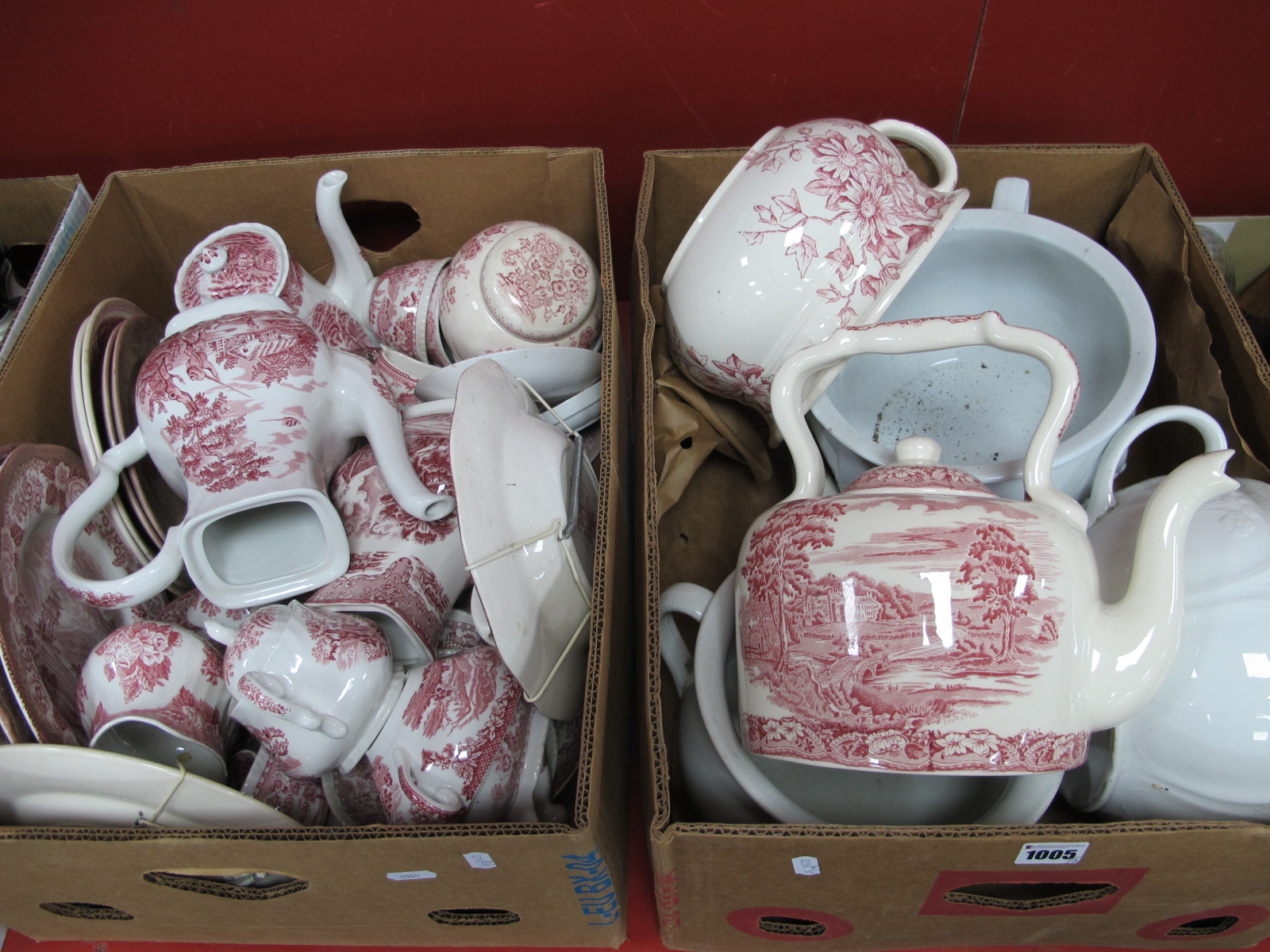 Enoch Wood's, Wedgwood, Mason's Table Pottery, in pink and white, chamber pots, large teapot:- Two