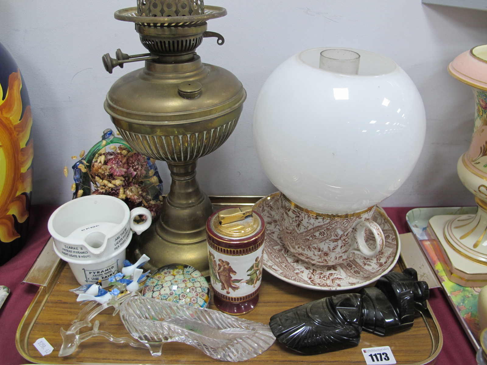 Brass Oil Lamp, Collibri Lighter, Breakfast Cup and Saucer, etc:- One Tray