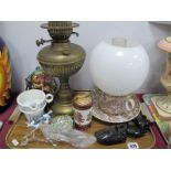 Brass Oil Lamp, Collibri Lighter, Breakfast Cup and Saucer, etc:- One Tray