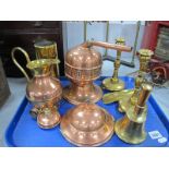 A Pair of Brass Candlesticks, copper jug, brass shell case etc:- One Tray