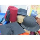 Homburg & Owl Brand Black Bowler Hats, Mortar Board, Denham & Haregreaves Fez, plus hat stand, (5)