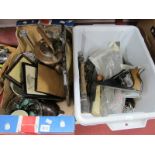 Woodworkers Plane, other tools, copper kettle, mincer, prints, etc:- Two Boxes