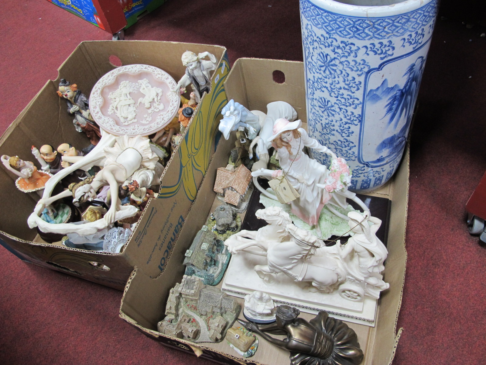 A Quantity of Resin Figures, model dwellings, Chinese stick stand, etc:- Two Boxes