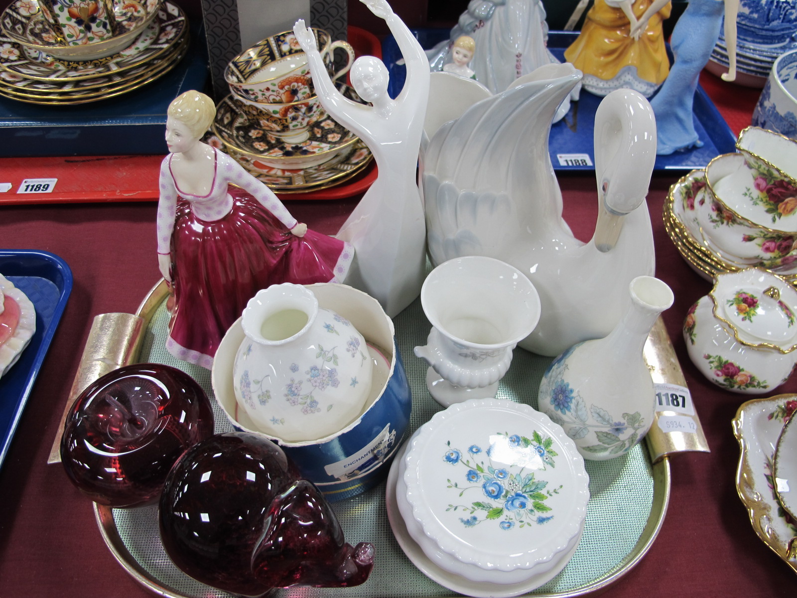 Wedgwood Glass Pear and Elephant Paperweights, ceramics, Doulton 'Fiona' figurines HN 2694, and '