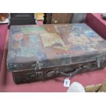 Leather Suitcase, 61cm wide, many labels attached, including Raffles Penang, Kenaya Nikko, Astor