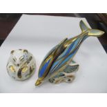 Royal Crown Derby Paperweights, Dolphin, 16cm wide and Stooping Dormouse, both stoppered, first