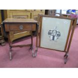 A Mahogany Drop Leaf Table, together with a fire screen with a tapestry panel.