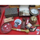 Enamelled Brass Box, 13.5cm wide, coinage, banknotes, knives, Smiths car clock, magnifier, etc:- One