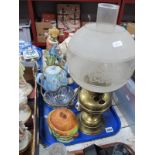 A Pottery Dog, 26cm high, Lingard tea pot, oil lamp, etc:- One Tray