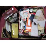 Large Quantity of Buttons, cottons, wool, darning mushroom, needles, tins, etc:- One Box