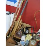 Clock, Truncheons, Cricket Bat, Colonial Walking Stick, with dog head handle (jaw damaged),