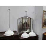 Benjamin X Type Industrial Hanging Ceiling Lights, having white enamel shades, 43cm diameter. (3)