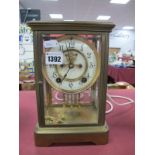 Brass Cased Mantel Clock, with bevelled glass panels, eight-day movement, Arabic numerals to cream