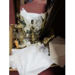 Three Table Lamps, mirror, linens etc:- One Box