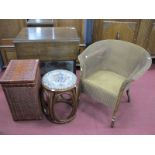 An Oak Trolley, basket chair, linen box, stool. (4)