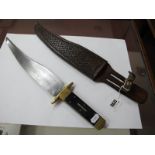 Stan Shaw Bowie Knife, 18" overall with leather sheath, brass engraved handle with workback.