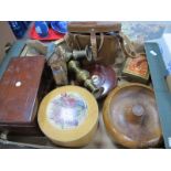 Chesterman Tape, Aquilus binoculars, brass candlesticks, XIX Century tea caddy, etc.