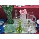 Green Glass Lilypad Dish, claret jug, green flash glass vase, St. Louis lamp (chipped), etc:- One