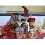 A XIX Century Claret Jug, Ruby glassware, gilt sundae dish on stand, etc:- One Tray