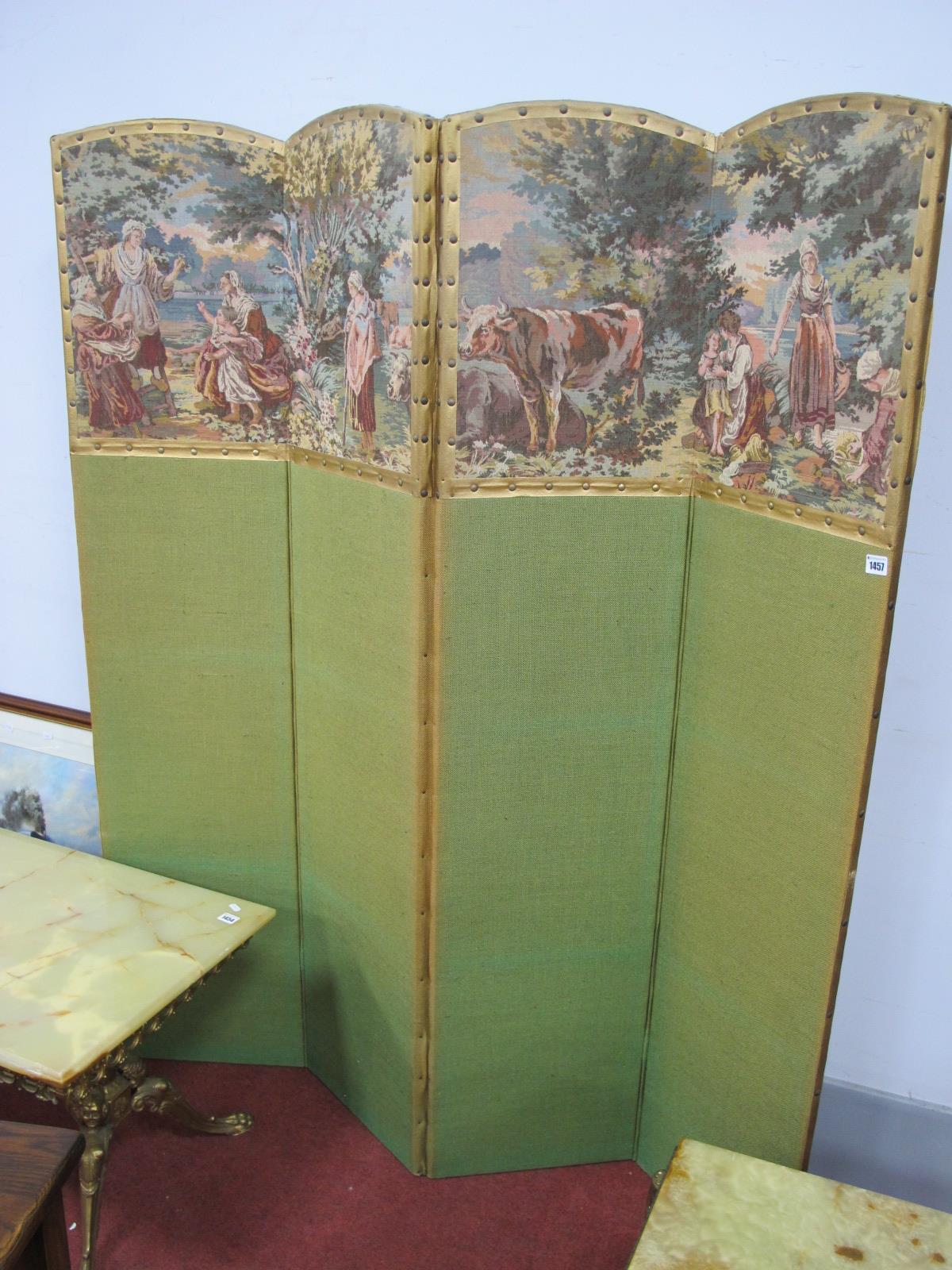 A Fabric Four Panelled Dressing Screen, with pastoral scenes to arched top, 168cm high.