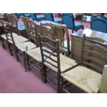 A Set of Six XIX Century Style Ash and Elm Ladder Back Chairs, with rushed seats, on turned legs