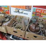 Brass Jam Pans, Iron Scales, Flat Iron, Enamelled Kettle, etc:- Three Boxes