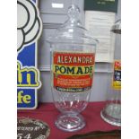 A Large Glass Apothecary/Perfume Jar, labelled 'Alexandra Pomade'.