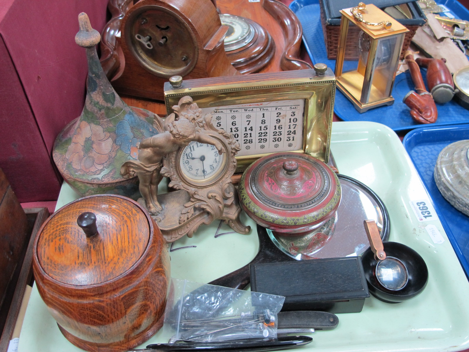 Brass Fronted Oak Desk Calendar, tea canister, cut throat razors, gilt framed bedside clock etc:-