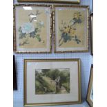 A Pair of Oriental Watercolours of Flowers, together with a Birket Foster print. (3)